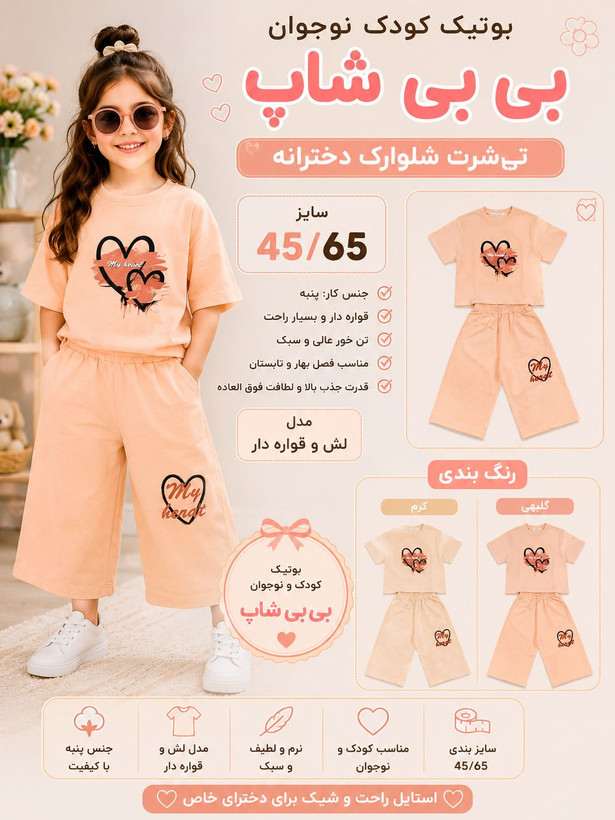 تیشرت شلوارک دو رو پنبه شلوارک بلند دخترانه