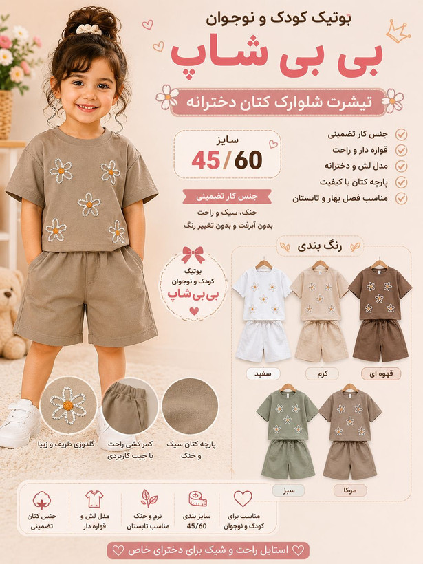 تیشرت شلوارک کتان دخترانه